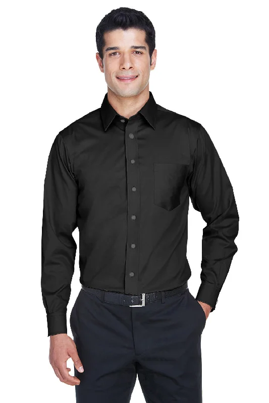 Warm Pants Devon & Jones Mens Crown Woven Collection Wrinkle Resistant Long Sleeve Button Down Shirt w/ Pocket - Black