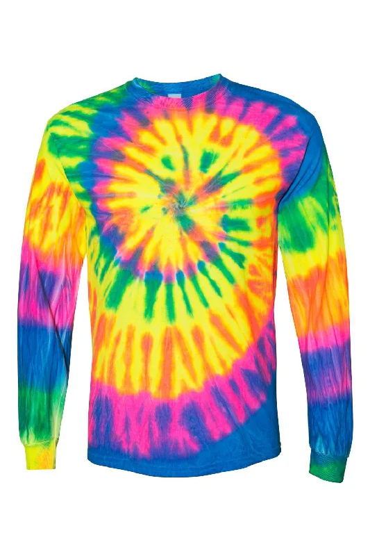 Premium Jeans Dyenomite Mens Spiral Tie Dyed Long Sleeve Crewneck T-Shirt - Fluorescent Rainbow Spiral - Closeout