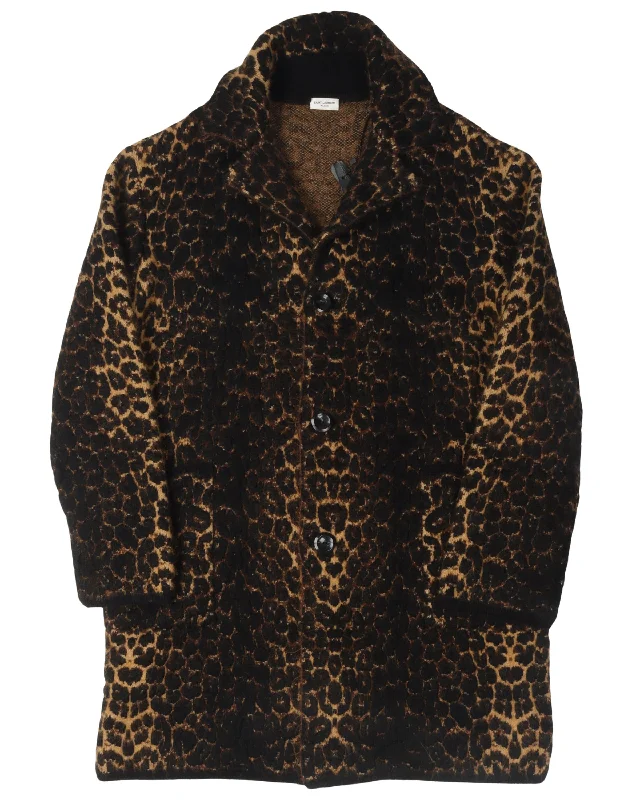 Smart Denim Jacquard Knit Leopard Pattern Coat