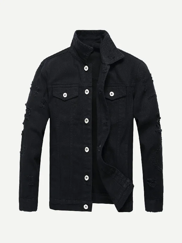 Comfortable Suits Men's Black Ripped Slim Button Denim Jacket