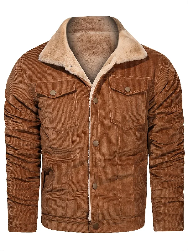 Relaxed Footwear Men's Casual Corduroy Plush Turn-Down Collar Long Sleeve Zipper Pocket Fashion Jacket