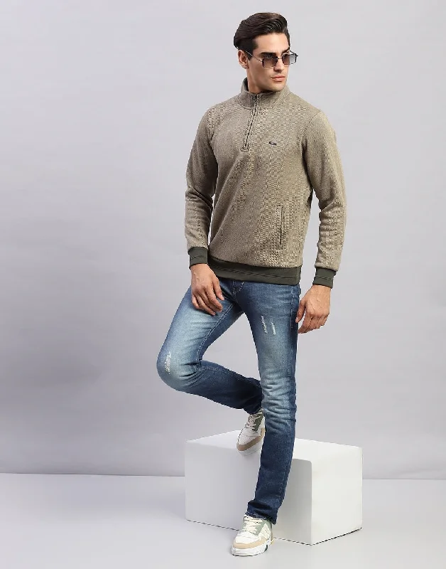 Practical Jeans Men Olive Self Design Mock Neck Full Sleeve Sweatshirt