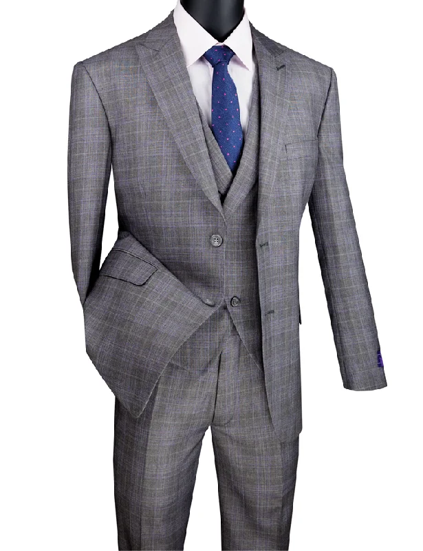 Stylish Shirts Modern Fit Windowpane Suit 3 Piece in  Grey