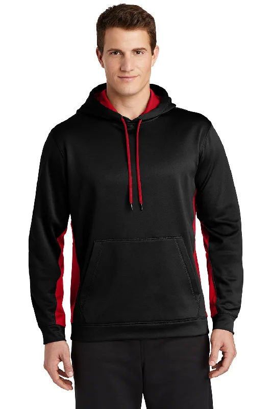 Simple Jeans Sport-Tek Mens Sport-Wick Moisture Wicking Fleece Hooded Sweatshirt Hoodie w/ Pouch Pocket - Black/Deep Red