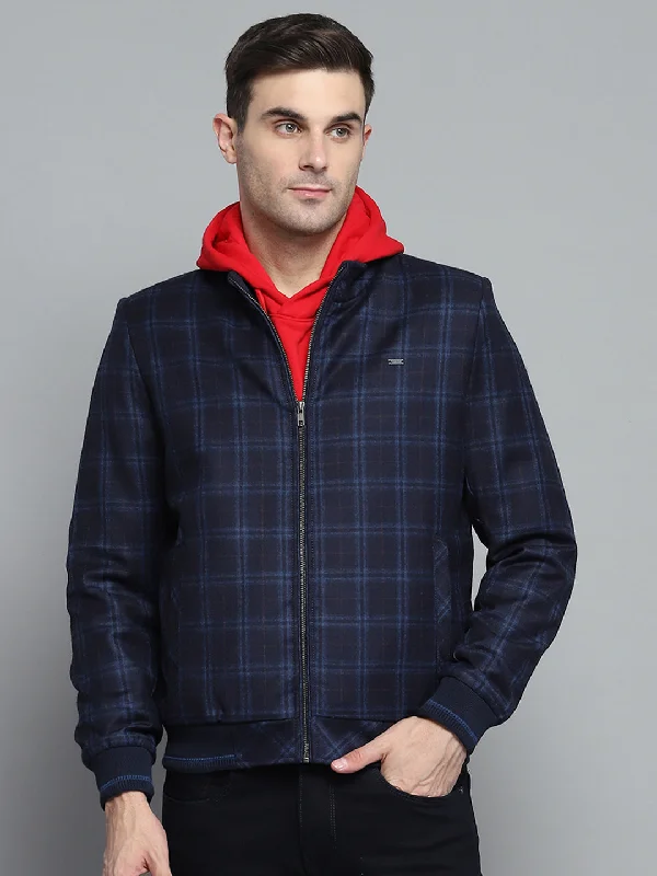 Stylish Accessories Men Navy Blue Check Mock Neck Full Sleeve Sweatshirt