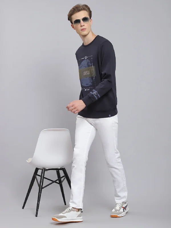 Relaxed Tops Men Navy Blue Printed Round Neck Full Sleeve Sweatshirt