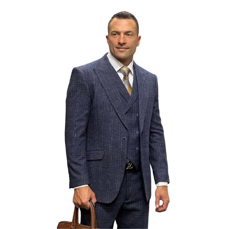 Casual Suits Hugo Highness Collection: Navy Tweed Self Plaid 3-Piece Suit with Double-Breasted Vest - Modern Fit