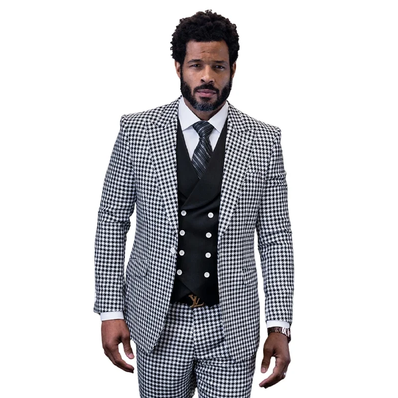 Street Pants Monarch Majesty Black Plaid 3-Piece Suit with Contrast Double-Breasted Vest - Modern Fit