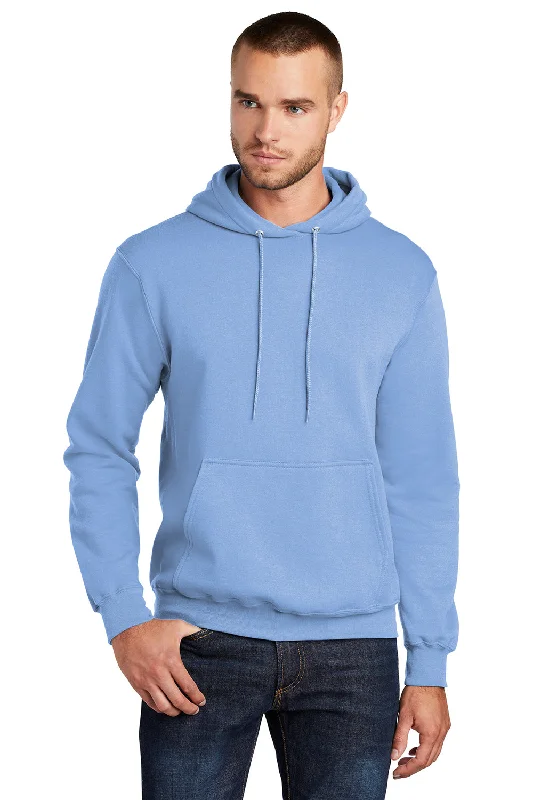 Relaxed Tops Port & Company Mens Core Pill Resistant Fleece Hooded Sweatshirt Hoodie w/ Pouch Pocket - Light Blue