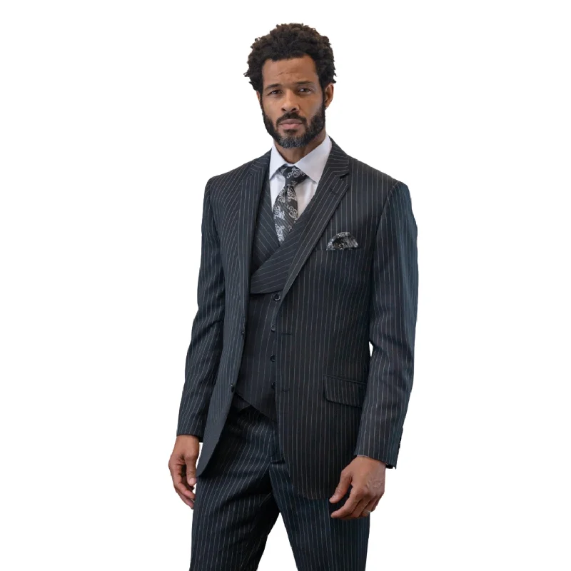 Stylish Suits Sovereign Stripe Black Pinstripe 3-Piece Suit with Double-Breasted Vest - Modern Fit