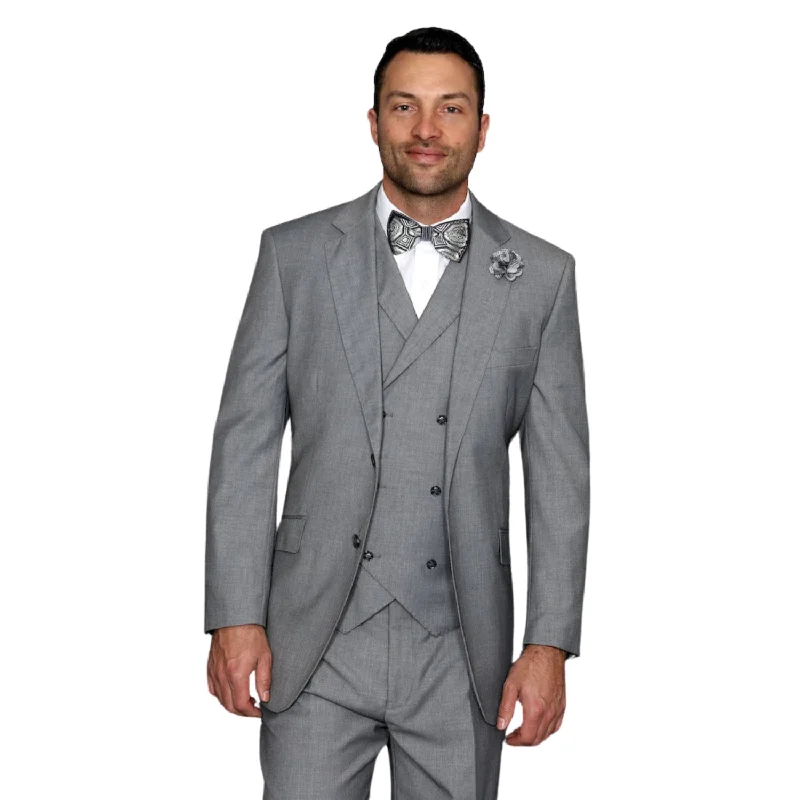 Premium Jeans LunarLuxe Collection: Grey 3-Piece Suit with Double-Breasted Vest and Pleated Pants - Classic Fit