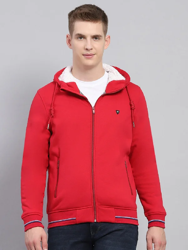 Athletic Pants Men Red Solid Hooded Full Sleeve Sweatshirt