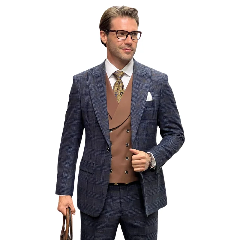 Casual Sneakers RegalRush Collection: Midnight Blue Plaid 3-Piece Suit with Double-Breasted Vest - Modern Fit