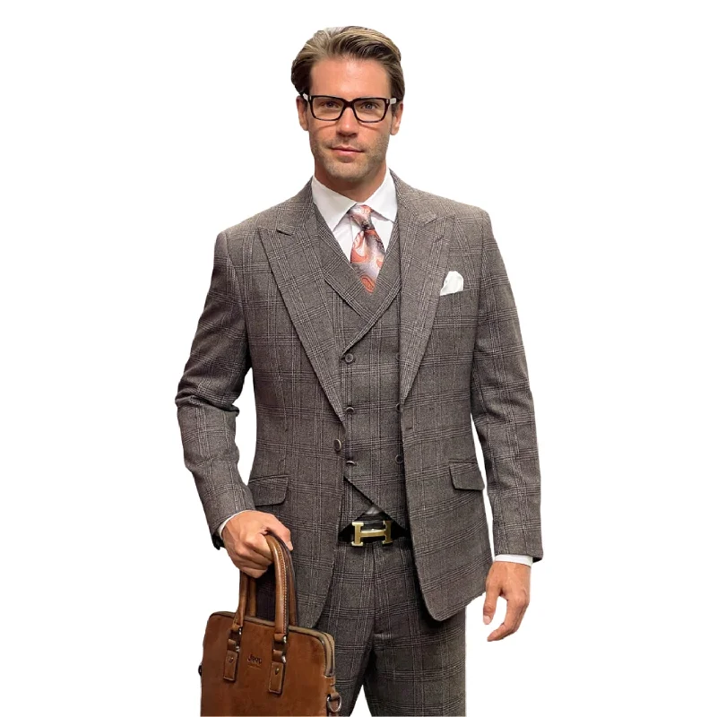 Sporty Footwear Hugo Highness Collection: Brown Tweed Self Plaid 3-Piece Suit with Double-Breasted Vest - Modern Fit