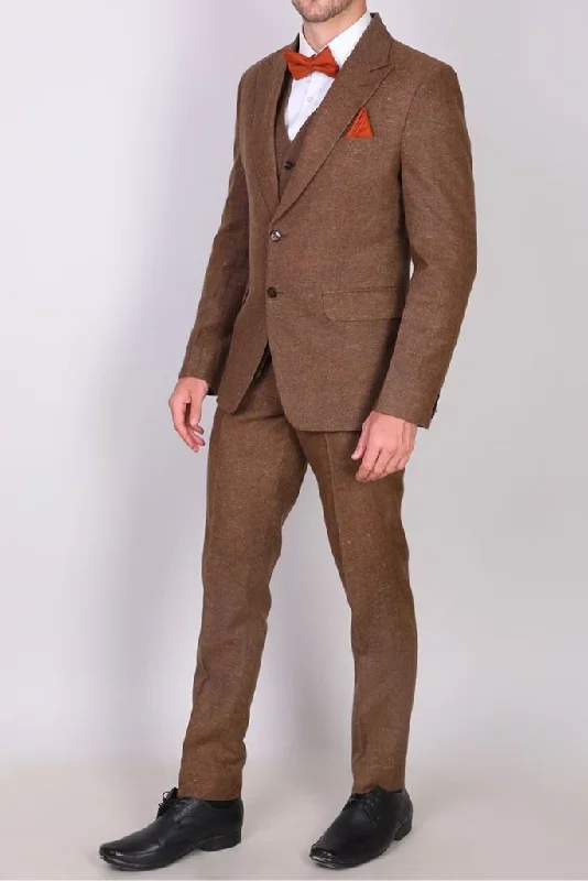 Stylish Outerwear Men Brown Tweed Winter Outwear Three Piece Suit Formal Prom Wear Wedding Suit Winter Gift For Him