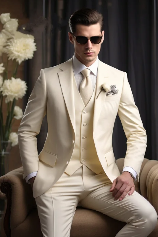 Cool Pants Mens Premium Three Piece Suit Elegant Slim Fit Suit Cream Suit Wedding Wear Candle Night Dinner Suit Bespoke Tailoring