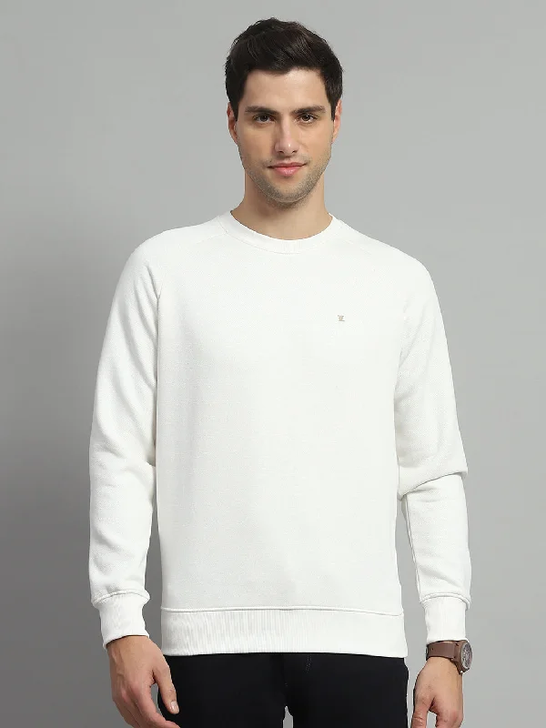 Practical Hoodies Men White Solid Round Neck Full Sleeve Sweatshirt