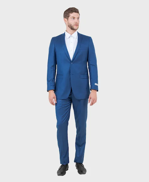 Simple Pants Blue Slim Fit Sharkskin Suit