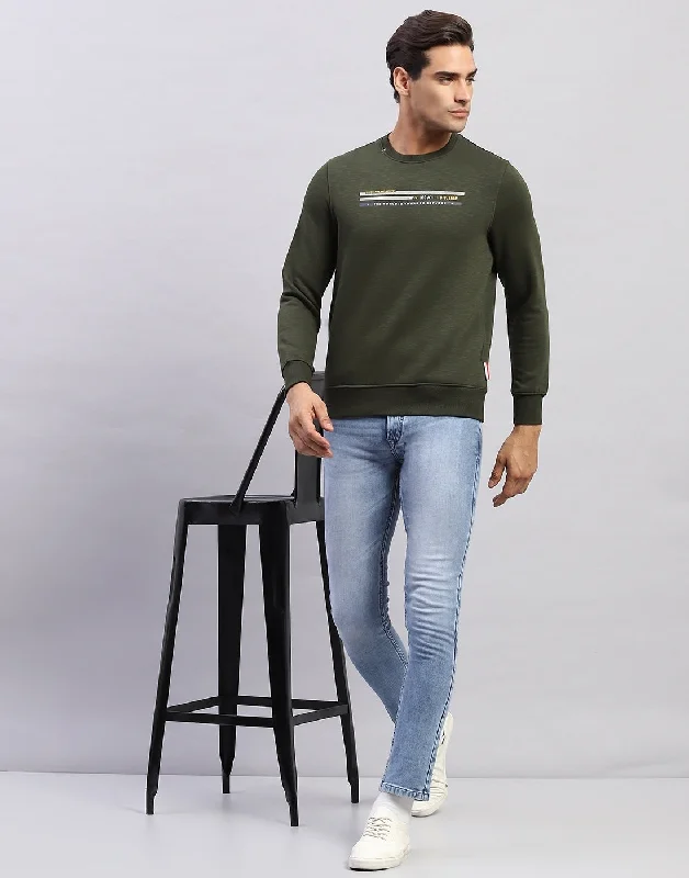 Trendy Sweatshirts Men Olive Printed Round Neck Full Sleeve Sweatshirt