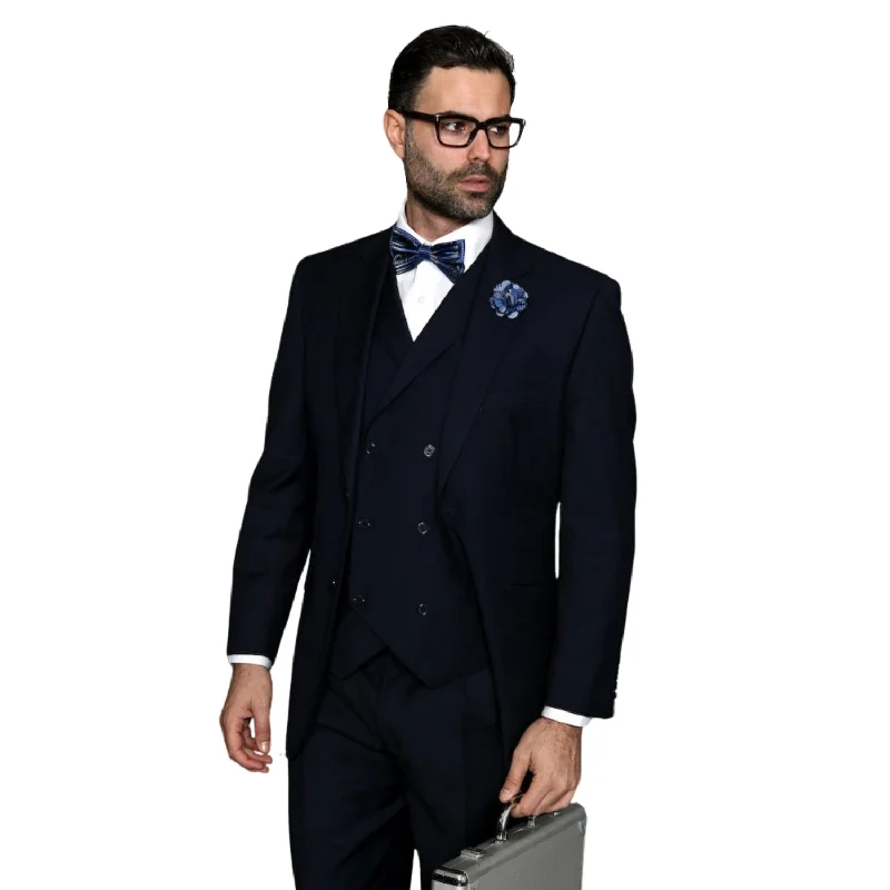 Casual Styles LunarLuxe Collection: Navy 3-Piece Suit with Double-Breasted Vest and Pleated Pants - Classic Fit