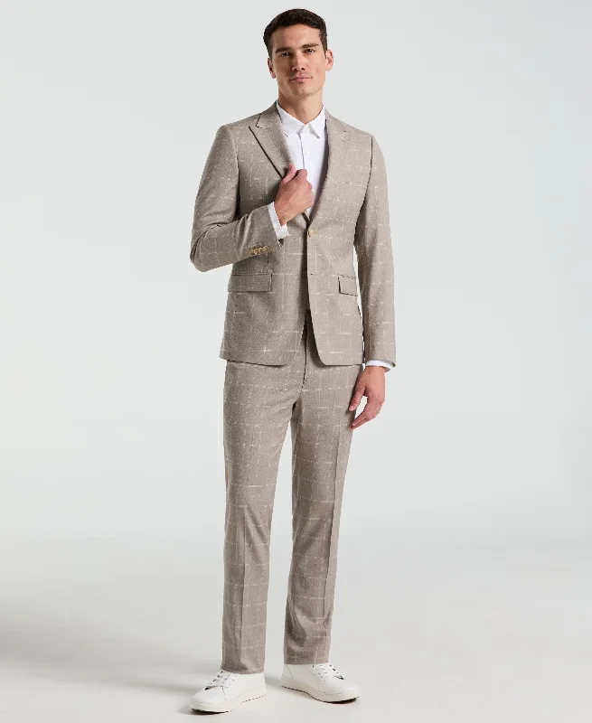 Comfortable Jeans Skinny Fit Tan Windowpane Pattern Suit