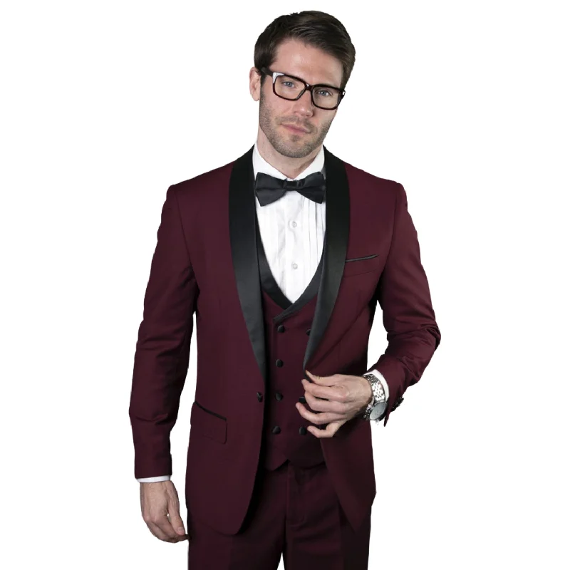 Sleek Tops Austen Aura Collection: 3PC Tailored Fit Tuxedo in Burgundy with Double Breasted Vest