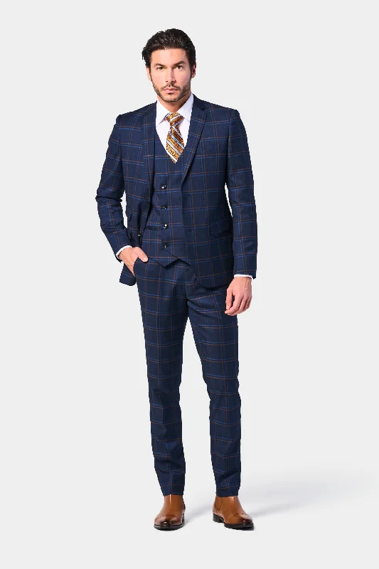 Smart Outerwear Navy Rust Plaid 3 Piece Suit