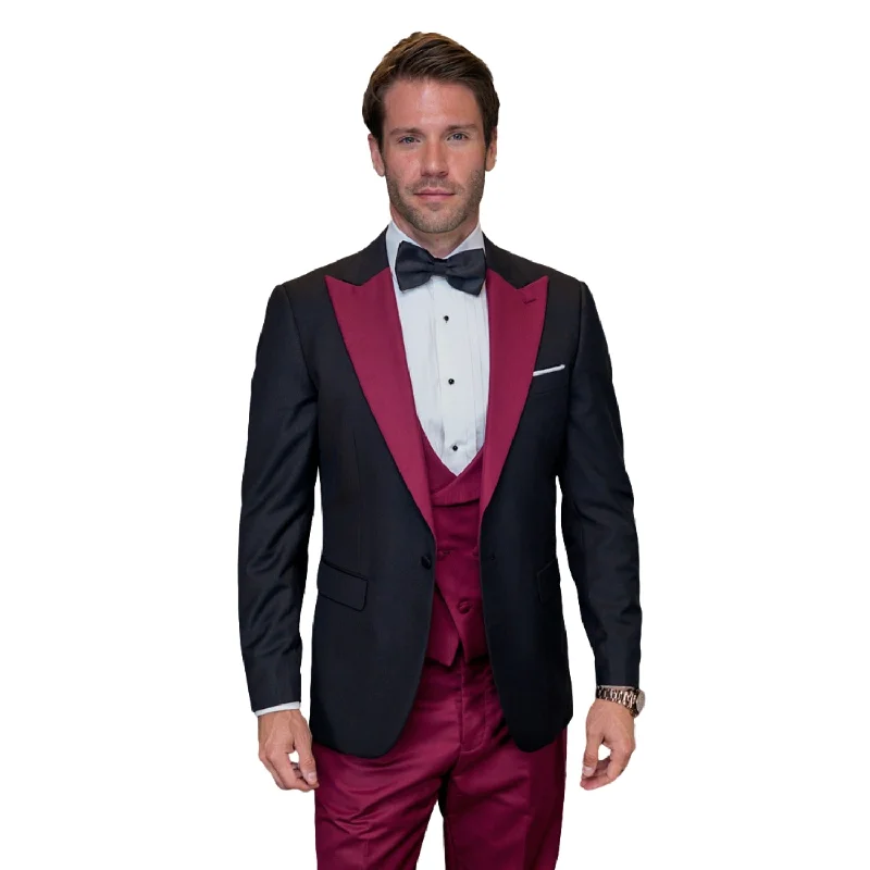 Trendy Hoodies ChicChato Collection: Black Tuxedo with Burgundy Peak Lapel and Accents - Modern Fit