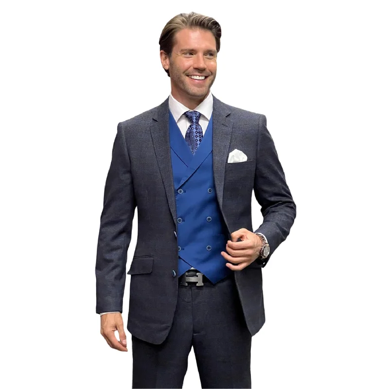 Warm Layers Dapperique Collection: Sapphire Plaid 3-Piece Suit with Double-Breasted Vest - Modern Fit