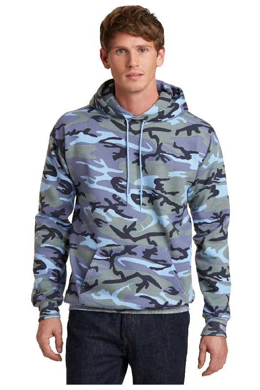 Street Pants Port & Company Mens Core Pill Resistant Fleece Hooded Sweatshirt Hoodie w/ Pouch Pocket - Woodland Blue Camo