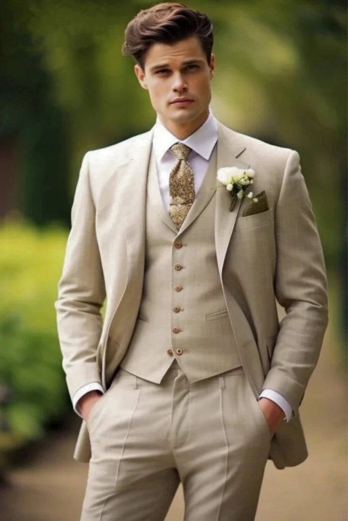 Stylish Outerwear Men cream three piece dinner suit