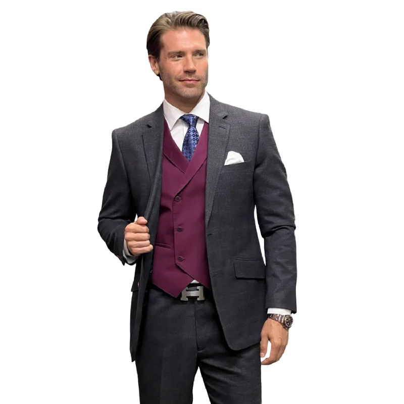 Practical Hoodies Dapperique Collection: Charcoal Plaid 3-Piece Suit with Double-Breasted Vest - Modern Fit