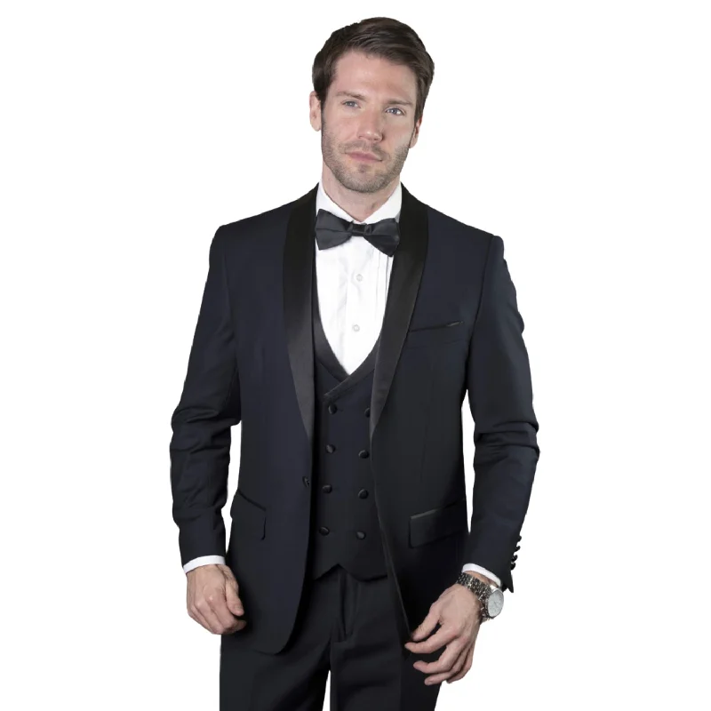 Smart Denim Austen Aura Collection: 3PC Tailored Fit Tuxedo in Navy with Double Breasted Vest