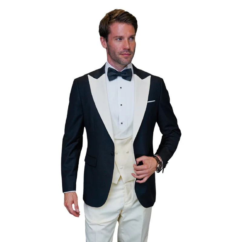 Casual Layers ChicChato Collection: Black Tuxedo with Ivory Peak Lapel and Accents - Modern Fit