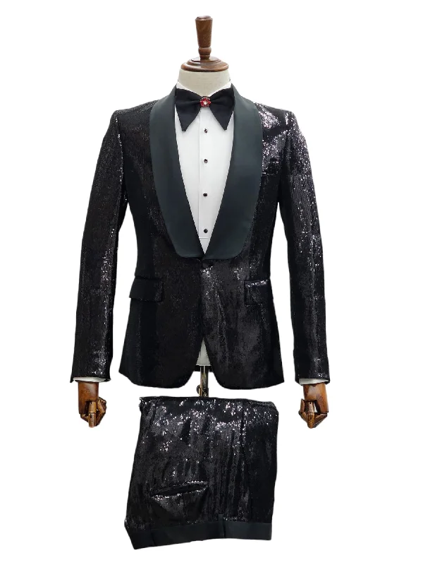 Relaxed Footwear Giovanni Testi 2 Button Slim Fit Shawl Lapel Sequin Suit GT1S-2008 Black