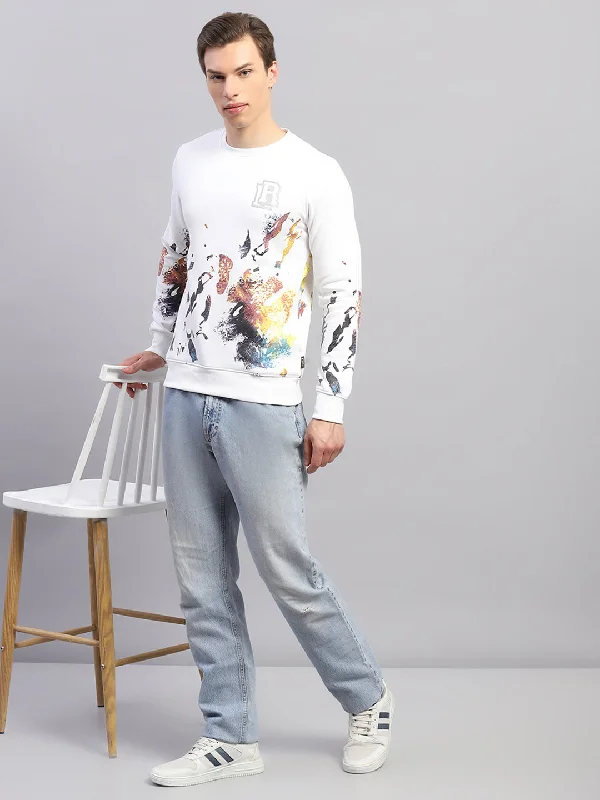 Smart Denim Men White Printed Round Neck Full Sleeve Sweatshirt