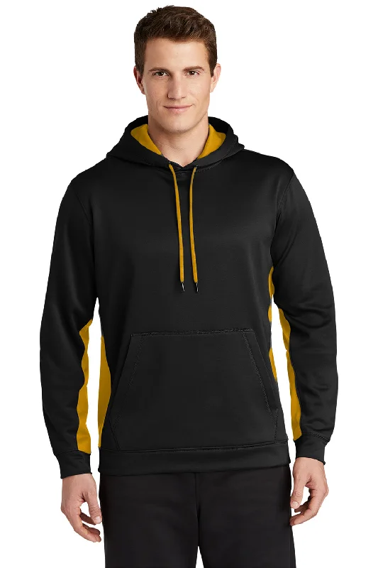 Weekend Wear Sport-Tek Mens Sport-Wick Moisture Wicking Fleece Hooded Sweatshirt Hoodie w/ Pouch Pocket - Black/Gold