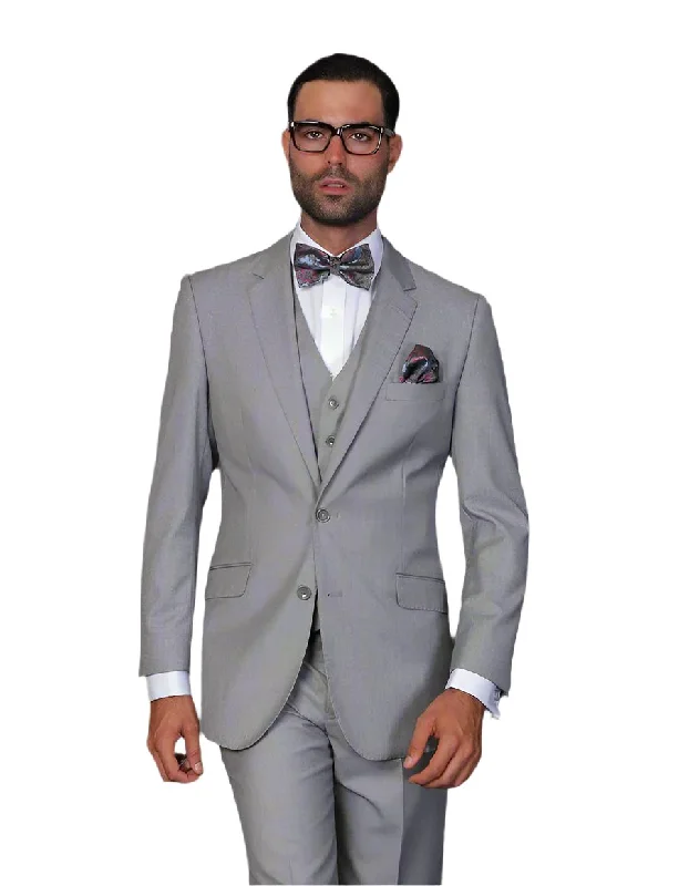 Fashion Suits Statement 3 Piece Modern Fit Suit - Light Grey | 100% Wool | Super 150's