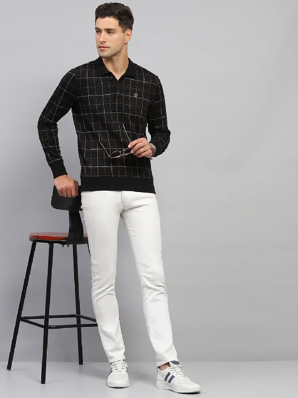 Functional Pants Men Black Check Polo Collar Full Sleeve Sweatshirt