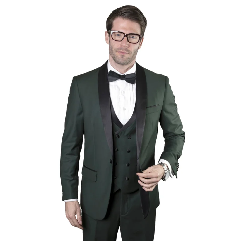 Casual Suits Austen Aura Collection: 3PC Tailored Fit Tuxedo in Hunter Green with Double Breasted Vest