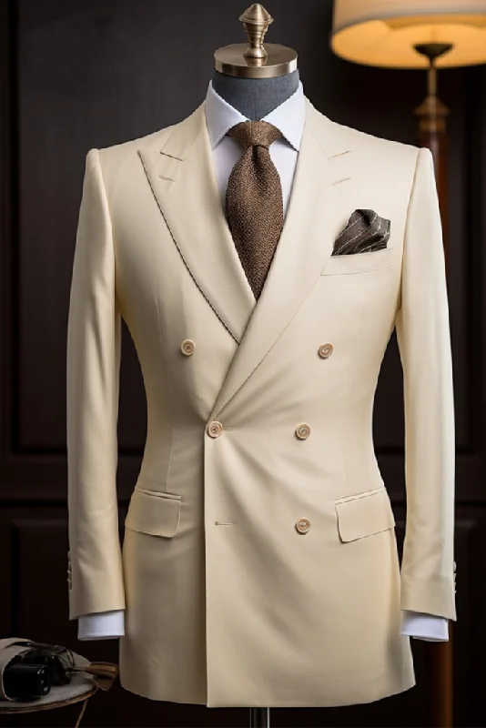 Stylish Outerwear Men Cream Double Breasted Suit Two Piece Suit Slim Fit Suit Wedding Formal Wear Groomsmen Bespoke Suit Gift For him