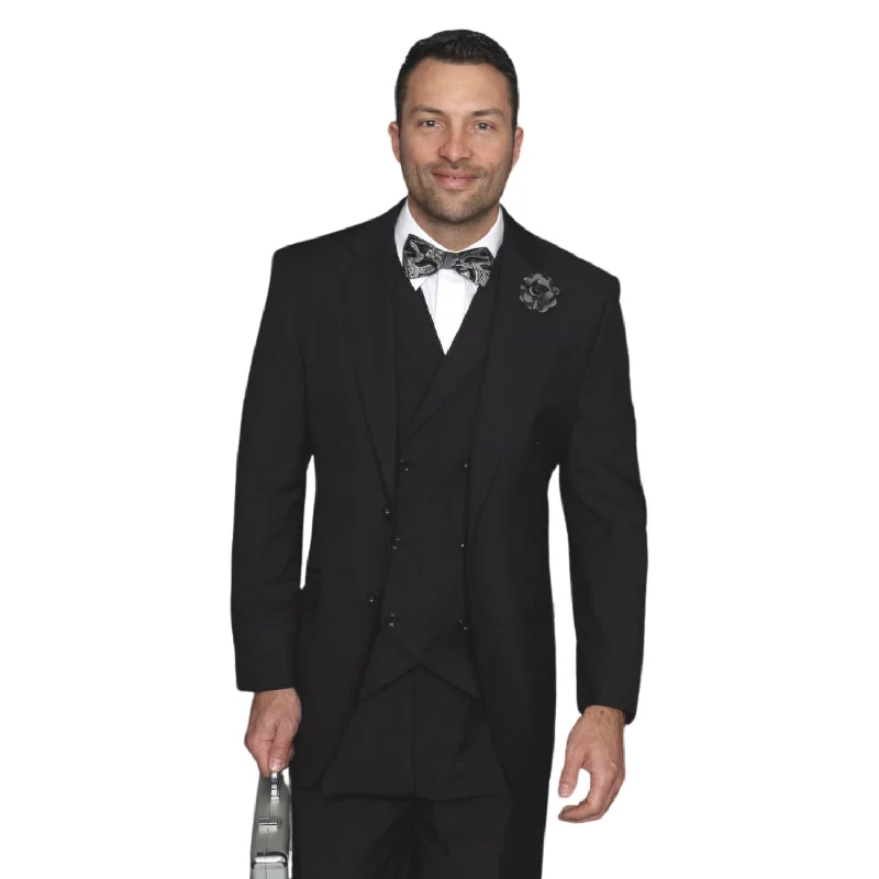 Modern T-shirts LunarLuxe Collection: Black 3-Piece Suit with Double-Breasted Vest and Pleated Pants - Classic Fit