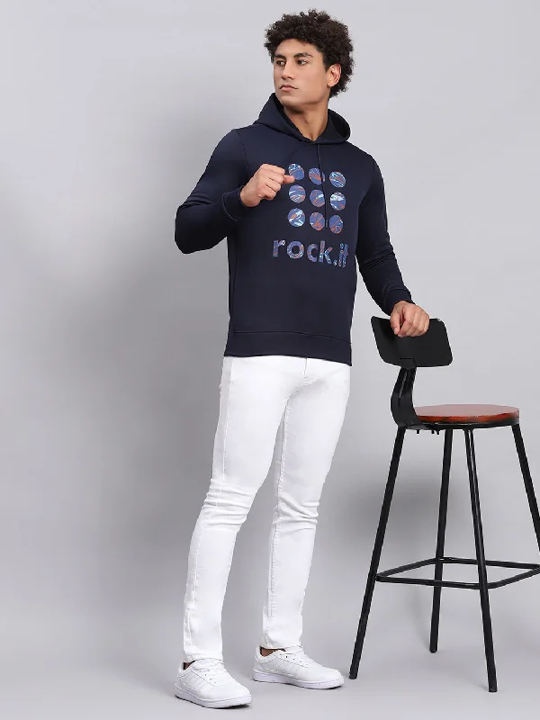 Trendy Pants Men Navy Blue Printed Hooded Full Sleeve Sweatshirt