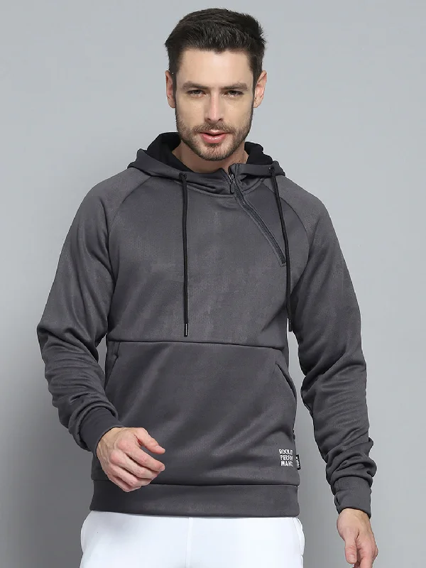 Premium Jeans Men Grey Solid Hooded Full Sleeve Sweatshirt