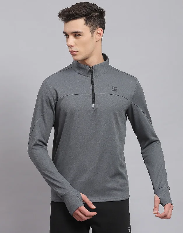 Casual Hoodies Men Grey Solid Stand Collar Full Sleeve Sweatshirt