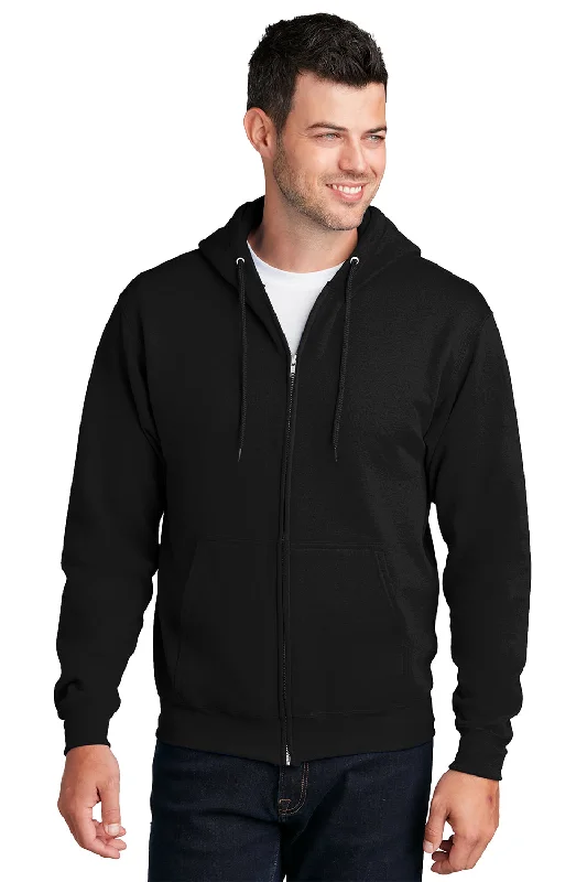 Relaxed Suits Port & Company Mens Core Pill Resistant Fleece Full Zip Hooded Sweatshirt Hoodie w/ Pockets - Jet Black