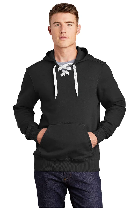 Fashionable T-shirts Sport-Tek Mens Lace Up Fleece Hooded Sweatshirt Hoodie w/ Pouch Pocket - Black