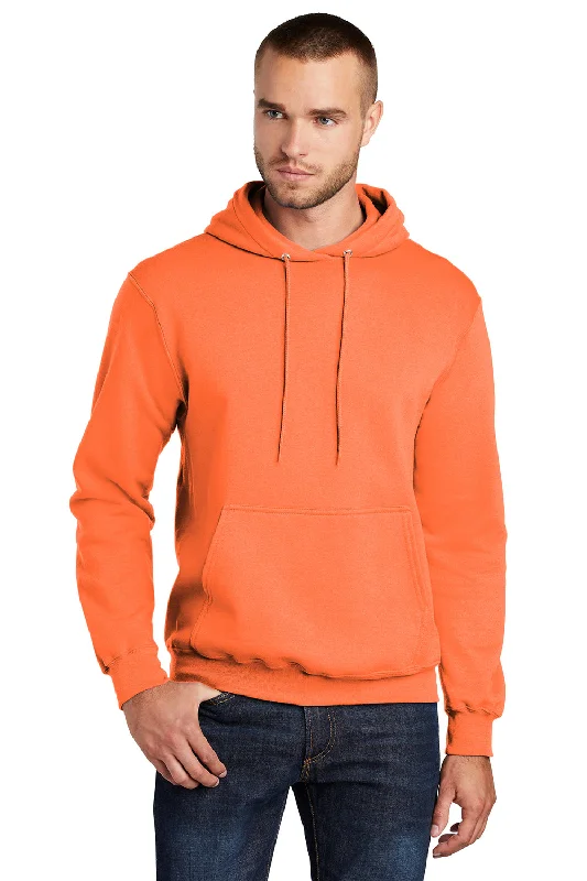 Practical Shirts Port & Company Mens Core Pill Resistant Fleece Hooded Sweatshirt Hoodie w/ Pouch Pocket - Neon Orange