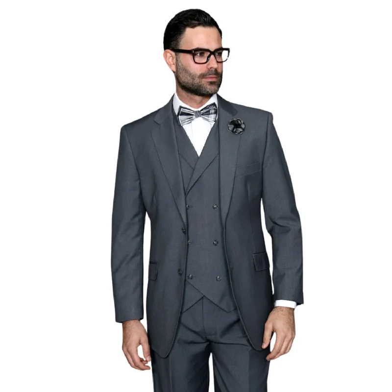 Cozy Hoodies LunarLuxe Collection: Charcoal 3-Piece Suit with Double-Breasted Vest and Pleated Pants - Classic Fit