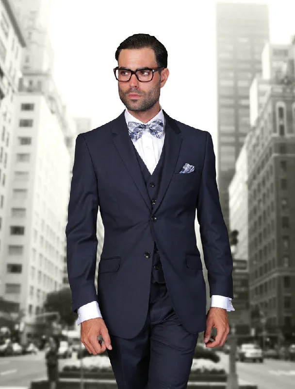 Bold Pants Statement 3 Piece Modern Fit Suit - Navy Blue | 100% Wool | Super 150's